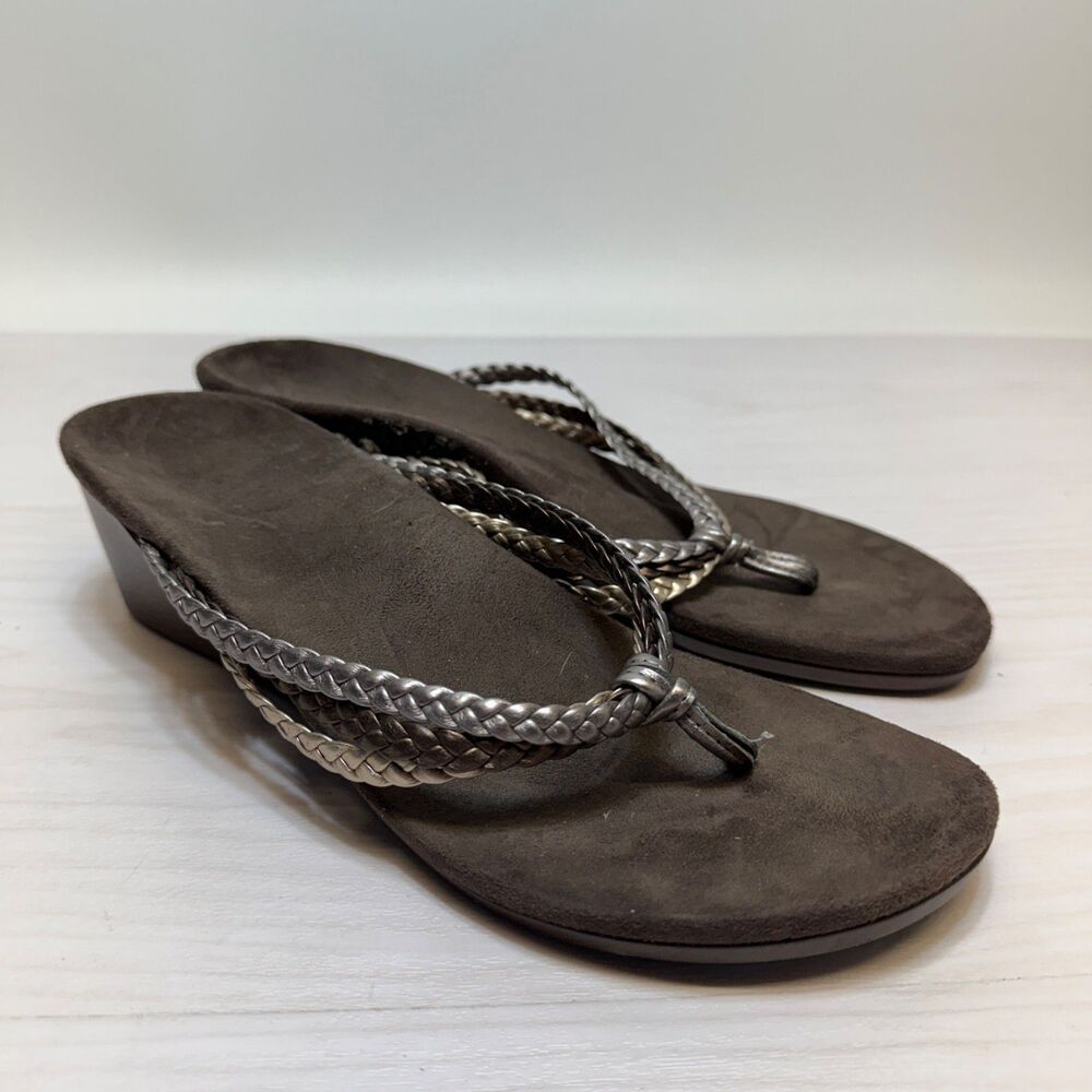 Vionic Brown Leather Braided Strap Ramba Wedge Heel Sandals Thongs Women's Sz‎ 8